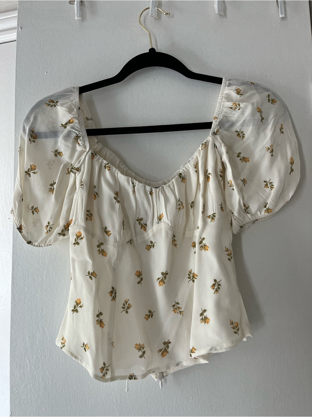 Reformation Cream Floral Puff Sleeve Blouse with Yellow Buds